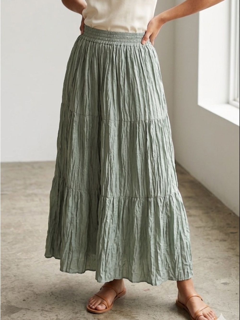 Soji 100% Silk Crinkled Tiered Midi Skirt - Sage Mint Green - Size Large